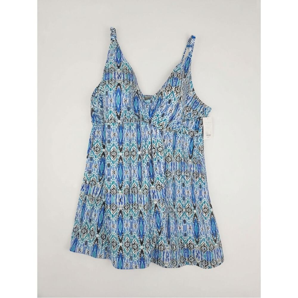 NEW Cacique 24 Blue One Piece Swim Dress Swimsuit Ikat Print Pool Beach